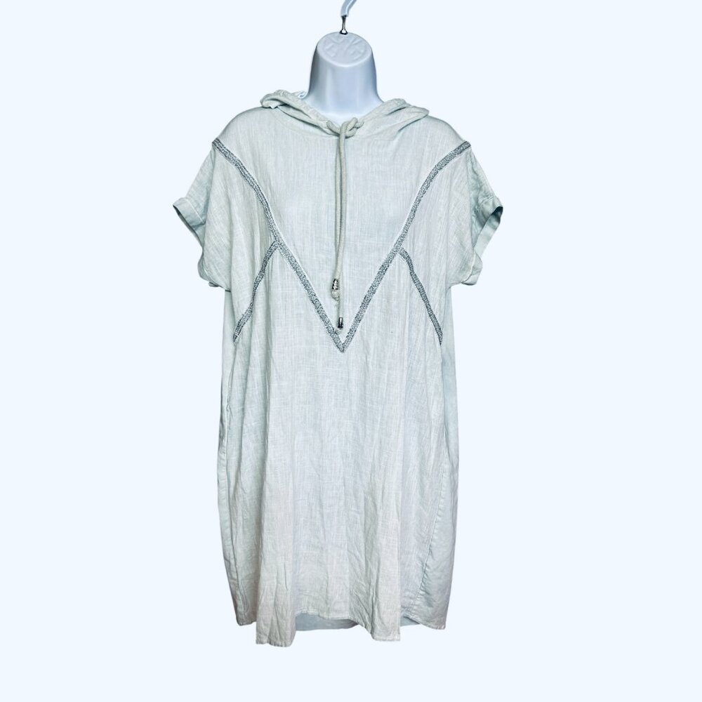 Goa Blue Green Linen Blend Metallic Rick Rack Boho Hoodie Dress Size M